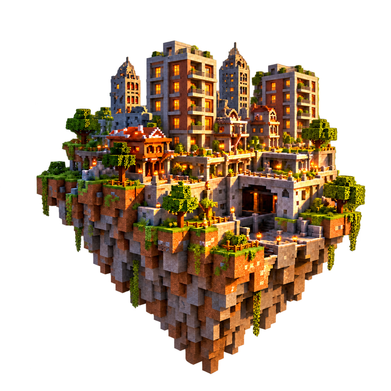 Floating Minecraft island with a town and two modern apartment buildings