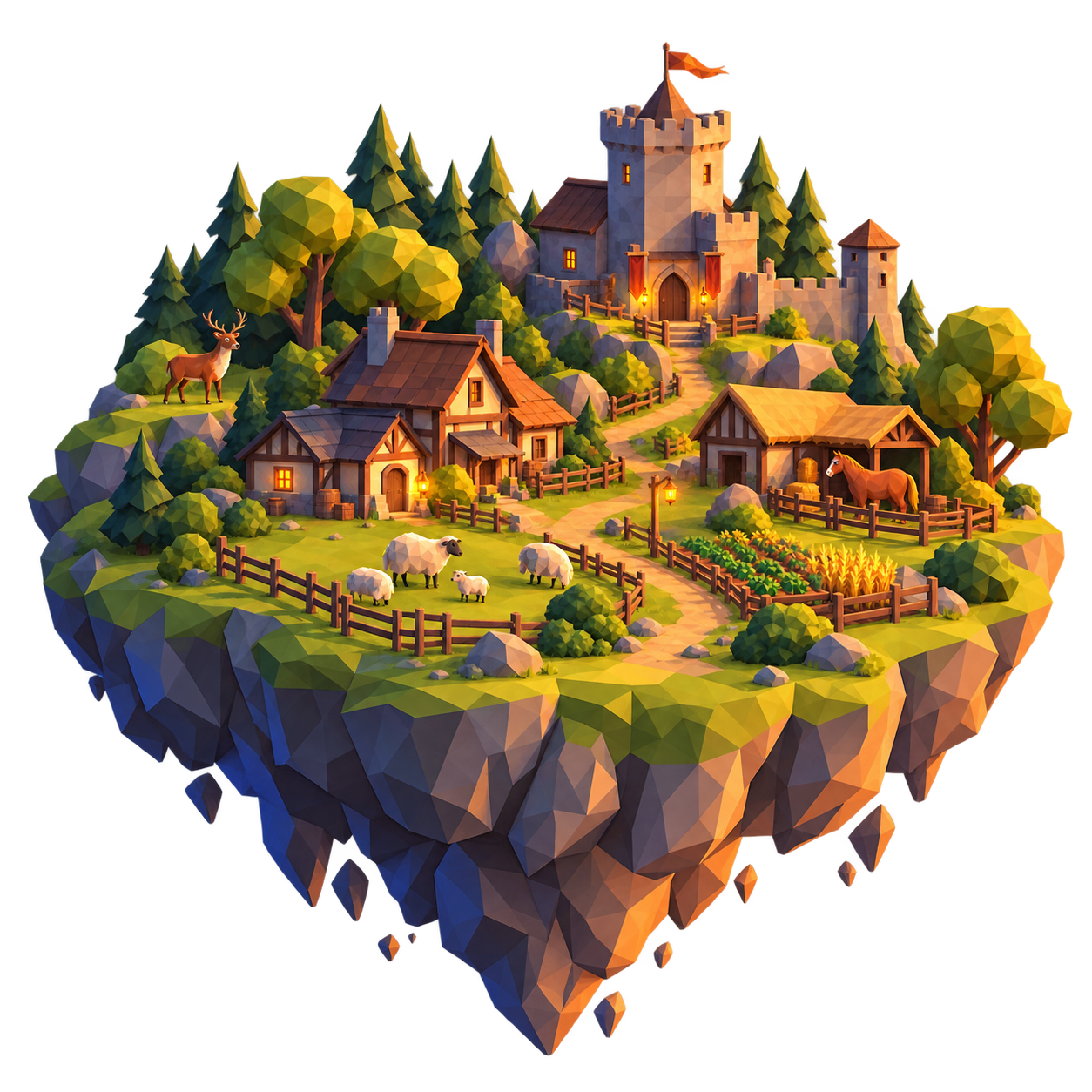 Low-poly floating homestead with a castle, farms and animals